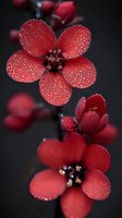 Red flowers covered in morning dew droplets blooming on dark background. Natural botanical macro photography for spring garden and floral design projects.