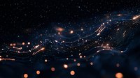 Glowing orange light trails and bokeh effects flow across dark background creating magical abstract pattern with depth and movement. Futuristic design element.