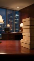 Stack of cardboard boxes on wooden desk in modern office with city skyline view at night, suitable for business, shipping, logistics, and corporate concepts.