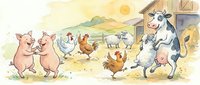Farm animals dancing together in barnyard scene with pigs, chickens, sheep and cow celebrating in countryside setting with barn and golden sunset sky.