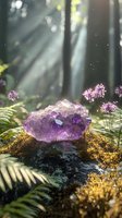 Raw amethyst crystal cluster on moss-covered stone in mystical forest setting with sunbeams streaming through trees and purple wildflowers creating magical atmosphere.