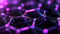 Abstract network visualization with glowing pink and purple nodes connected by luminous lines against dark background, representing digital connectivity and data flow.