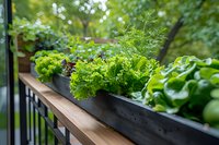 Fresh herbs and lettuce growing in modern black planters on wooden balcony railing, perfect for urban gardening and sustainable lifestyle inspiration.