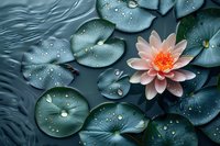 Pink water lily flower blooming among green lily pads with water drops and golden sparkles on dark pond surface, creating serene natural composition.