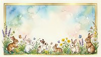 Watercolor illustration of brown rabbits and bunnies among spring flowers, lavender, and green grass with soft blue sky and clouds, suitable for Easter cards, children's designs, and seasonal artwork.
