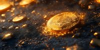 Golden cryptocurrency coin with bitcoin symbol surrounded by glowing sparks and particles on dark textured surface, dramatic lighting creates mystical atmosphere.
