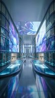 Futuristic corridor with illuminated digital displays and neon blue-purple lighting, featuring glass walls, modern architecture, and interactive screens for technology, innovation, and contemporary design concepts.
