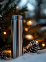 Stainless steel thermal bottle with pine cones and Christmas tree branches in snowy winter setting with warm bokeh lights for holiday outdoor adventures.