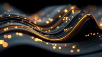 Abstract flowing waves with golden light particles and bokeh effects on dark background for modern digital design and technology presentations.