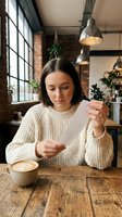 Woman with dark hair and olive complexion reading newspaper at wooden table with latte in industrial loft cafe setting with brick walls, pendant lights and potted plants.