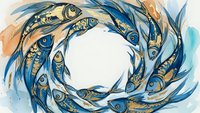 Circular swirling pattern of stylized fish in blue and gold watercolor creating dynamic movement around central white space for marine design projects.