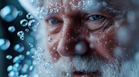 Elderly man with white beard in winter scene with frost and snowflakes on face, close up portrait showing weathered skin and intense gaze in cold blue atmosphere.