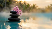 Zen spa stones stacked with pink flowers by tranquil water at sunset creating peaceful meditation atmosphere for wellness and relaxation therapy treatments.