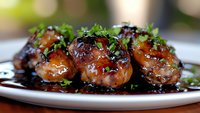 Glazed chicken meatballs garnished with fresh herbs on white plate, drizzled with sweet and savory Asian-inspired sauce, close-up view showing glossy caramelized surface.