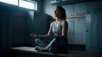 Young athletic woman meditating in lotus position at gym locker room. Fitness mindfulness and mental wellness concept for sports and healthy lifestyle.