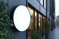 Modern round illuminated signage on contemporary building facade with green climbing plants and storefront windows for retail branding and wayfinding.