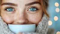 Young Caucasian woman with blue eyes and freckles drinking from white mug, wearing cozy knit scarf. Warm winter portrait with bokeh lights background.