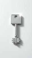 Shiny silver metal key with square head isolated on white background, symbolizing security, access, and real estate concepts.