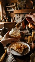 Person drizzling honey from wooden dipper onto toast at rustic kitchen table with fireplace, cozy breakfast scene for food and lifestyle content.