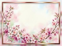 Watercolor cherry blossom frame with pink sakura flowers and golden border, soft pastel background with copy space for spring greeting cards.
