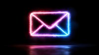 Glowing neon envelope icon with gradient pink to blue light effect floating on dark background with reflection, modern communication symbol for digital design.
