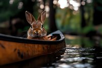 Adorable brown rabbit sitting in wooden boat on calm water with soft bokeh background creating peaceful nature scene for wildlife photography.