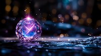 Magical glowing crystal sphere with pink and blue light effects on dark water surface surrounded by bokeh lights and sparkles creating mystical atmosphere.