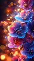 Magical glowing flowers in pink and blue colors with sparkles and bokeh effects on dark background, creating ethereal fantasy atmosphere for decorative designs.