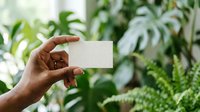 Closeup of hand holding blank business card against lush green foliage background, suitable for branding, eco-friendly business concepts, and nature-themed marketing materials.