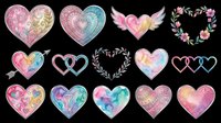 Watercolor heart clipart set with mandala, wings, floral wreath, arrow, and key designs, isolated on transparent background. Great for stickers, t-shirt design, print on demand.