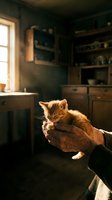 Ginger kitten held in hands inside rustic cottage kitchen with wooden furniture, warm sunlight streaming through window, dust particles visible in air, cozy domestic scene.