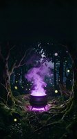 Magical cauldron with glowing purple smoke in enchanted forest surrounded by ancient twisted trees and floating orbs at night for fantasy and mystical designs.