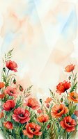 Watercolor poppy flowers border with soft pastel background for spring greeting cards, wedding invitations and botanical design projects.