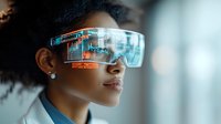 Young African American woman wearing futuristic augmented reality smart glasses with holographic display interface showing digital data and glowing elements.
