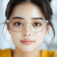 Young Asian woman wearing transparent frame glasses with natural makeup and yellow top, close up portrait against light background.