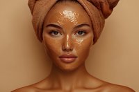 Young woman with glowing skin wearing facial clay mask and brown towel turban on head against neutral background, beauty wellness concept.