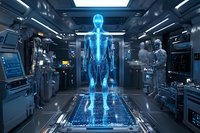 Futuristic holographic human anatomy projection in high-tech laboratory with scientists examining skeletal and muscular systems.