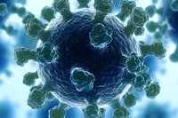 Microscopic view of coronavirus cell structure with distinctive spike proteins in blue and green tones against glowing background for medical education.