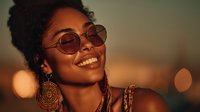 Young African American woman with natural afro hairstyle wearing round sunglasses and statement earrings smiling joyfully in warm golden hour lighting.