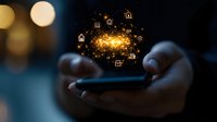 Glowing house and message icons floating above smartphone in dark environment with bokeh lights, representing digital connectivity and smart home technology.