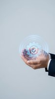 Businessman hand holding holographic gear with checkmark symbol representing quality control and business process optimization on gray background.