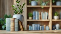 Vintage books and concrete vase with green plant on wooden table against blurred bookshelf background creating cozy home library atmosphere.