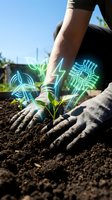 Male gardener planting seedling in soil with neon green leaf and circuit board holographic overlays representing sustainable agriculture technology and smart farming innovation.