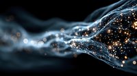 Abstract digital wave with glowing golden particles flowing through translucent mesh against dark background, representing data visualization or neural network concept.