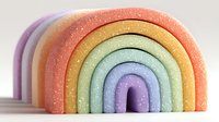 Colorful rainbow stacking toy with glittery pastel arches in red, orange, yellow, green, blue, and purple on white background, ideal for children's play and education.