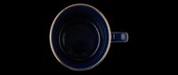 Deep navy blue ceramic mug with gold rim, top view, isolated on transparent background. Ready for T-shirt design, stickers, clipart, print on demand, and sublimation projects.