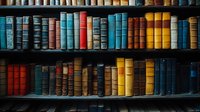 Vintage hardcover books arranged on wooden shelves in library. Collection of antique volumes in various colors - red, blue, yellow and brown spines create atmospheric composition.