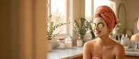 Young woman with cucumber eye mask and towel turban relaxing in luxury spa bathroom during skincare routine and wellness treatment.