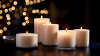 Glowing white candles create warm ambiance with soft bokeh lights in background for relaxation meditation spa wellness home decor holiday celebration.