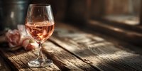 Glass of rosé wine on rustic wooden table with soft natural lighting creating warm atmosphere for dining and relaxation moments.